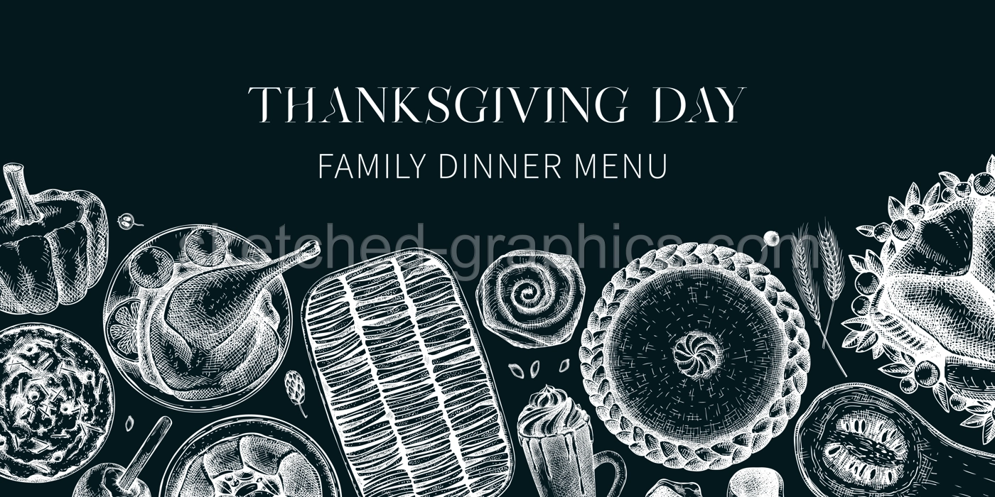 Thanksgiving background on chalkboard. Food and drinks trendy frame design. Sketched roasted turkey, vegetables, baked goods, and desserts sketches. Vintage autumn food template. Thanksgiving dinner Illustration